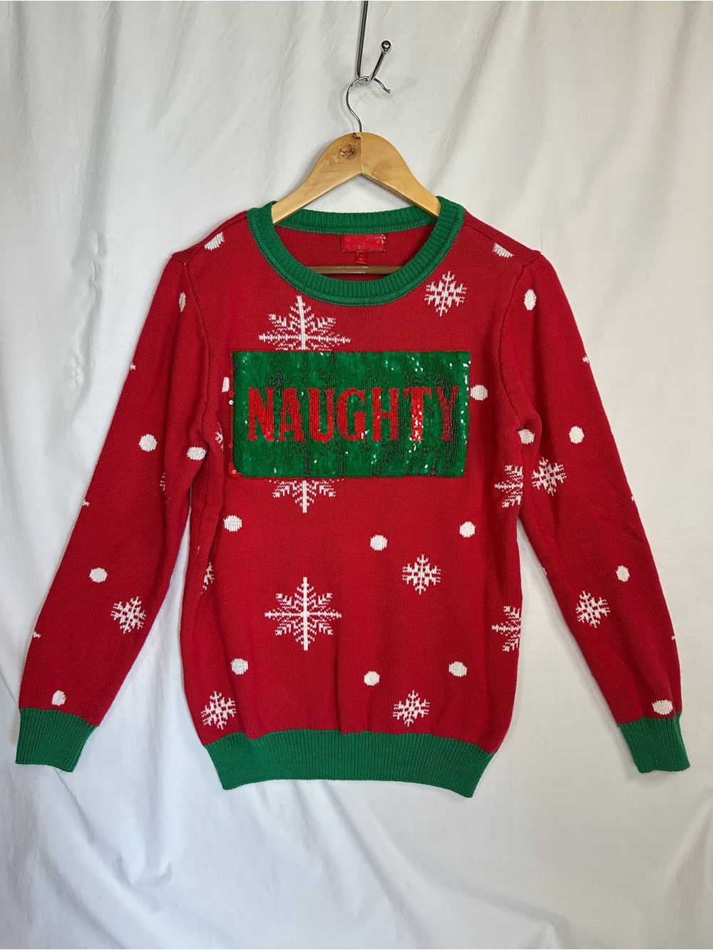 Holiday 'Naughty' Red Crewneck Sweater with Green Trim
